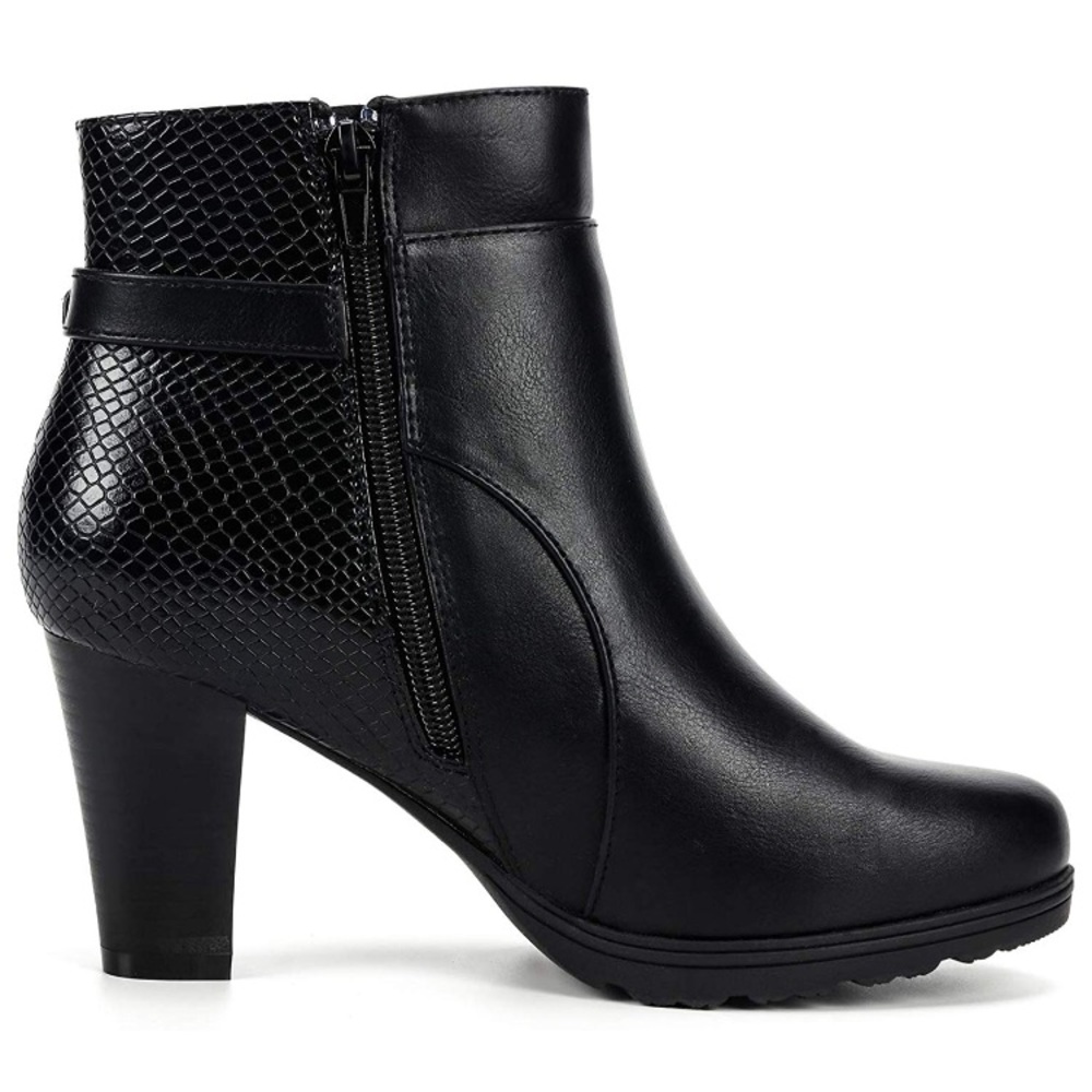 Mixed Snake- Black Bootie Chunky Heel Buckle Strap Ankle - Picture 5 of 11